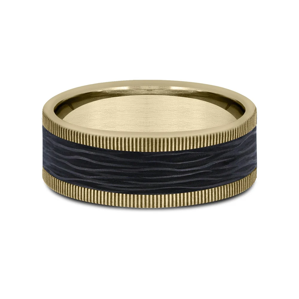 The Zephyr Men's Wedding Band in 14K Yellow Gold and Forged Carbon Fiber - 8mm Width by Ammara Stone - Image 3