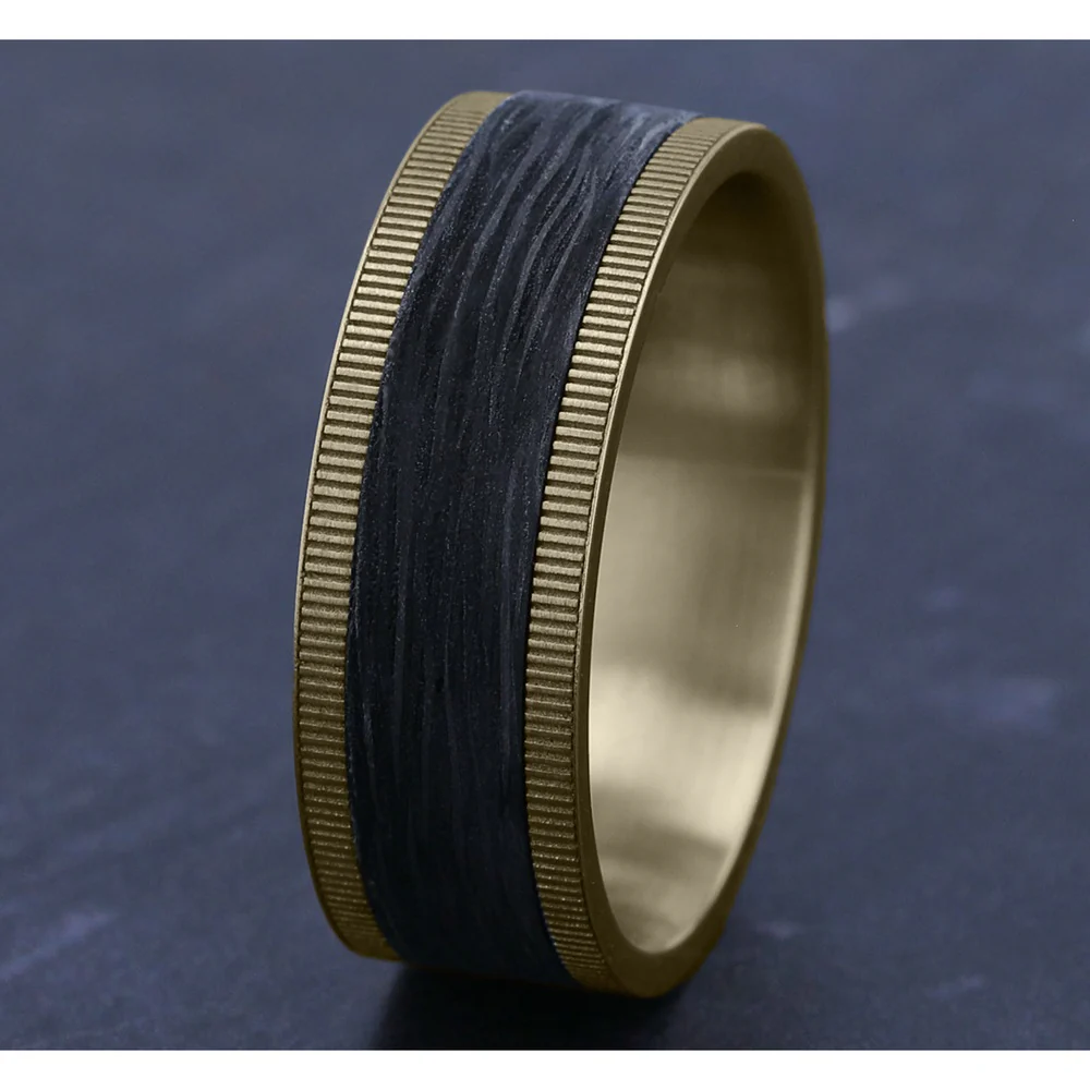 The Zephyr Men's Wedding Band in 14K Yellow Gold and Forged Carbon Fiber - 8mm Width by Ammara Stone - Image 4